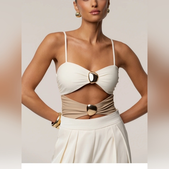 JLUXLABEL Tops - Jluxlabel Ivory Tan Aura Embellished Bodysuit Size S